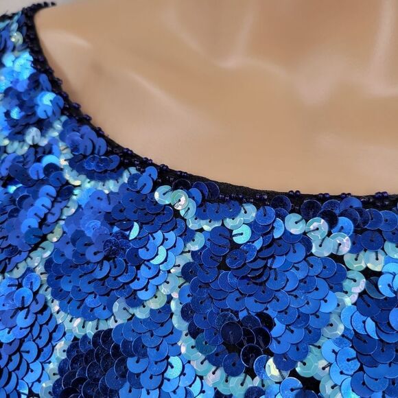 Isabelle 80s Vintage Silk Beaded Sequin Blouse Mermaid Fishscale Pattern Blue - Picture 3 of 9